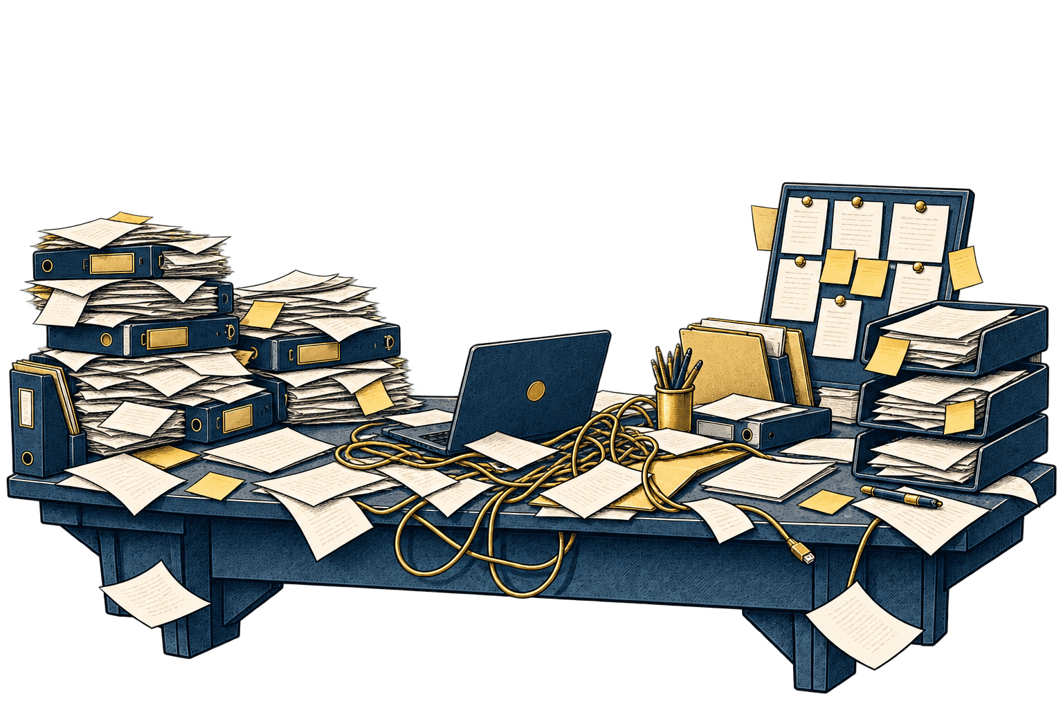 Derselbe Arbeitsplatz wird geordnet: kleinere Stapel, gerade Ablagen, ein freigelegter Laptop.